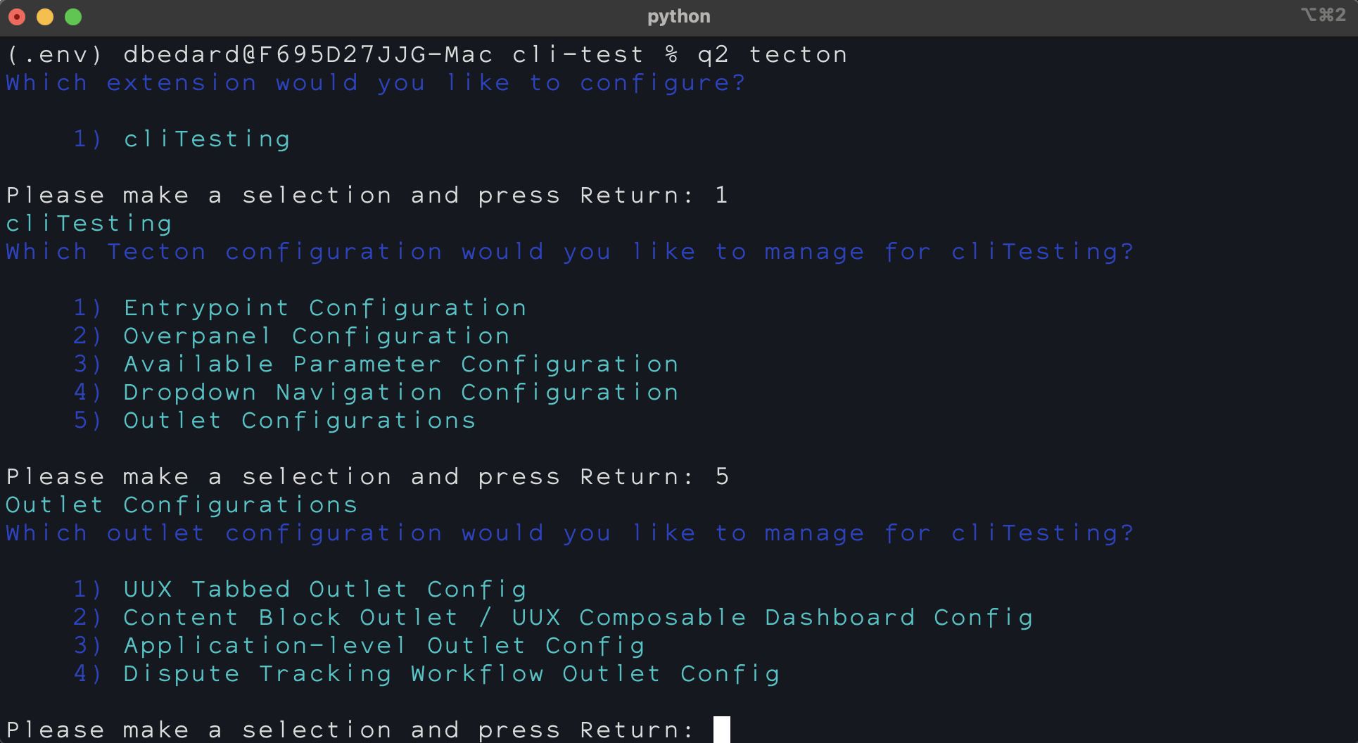 Tecton CLI outlet configuration menu