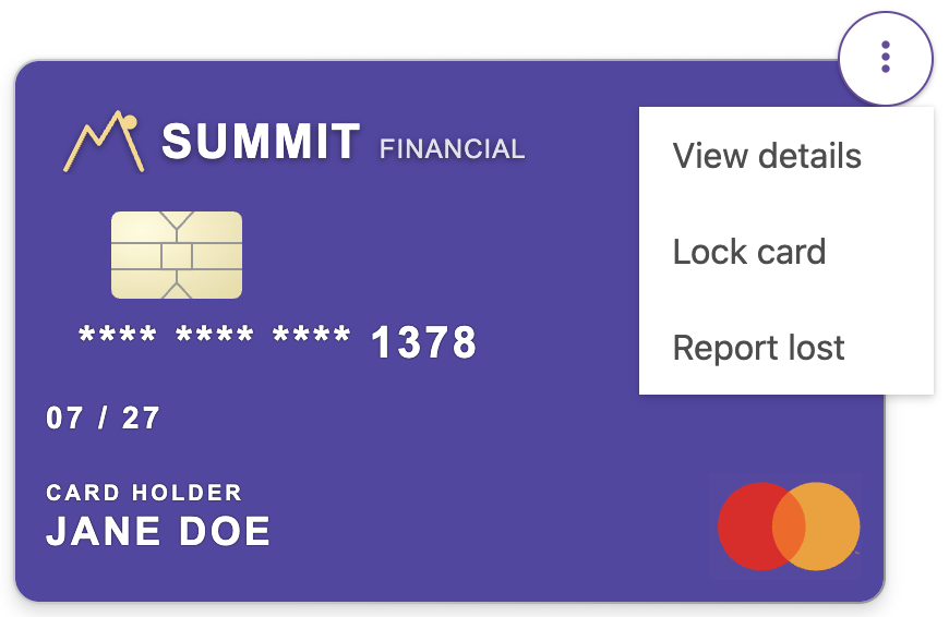 Card image component with action dropdown menu open, showing options for View details, Lock card, and Report lost.
