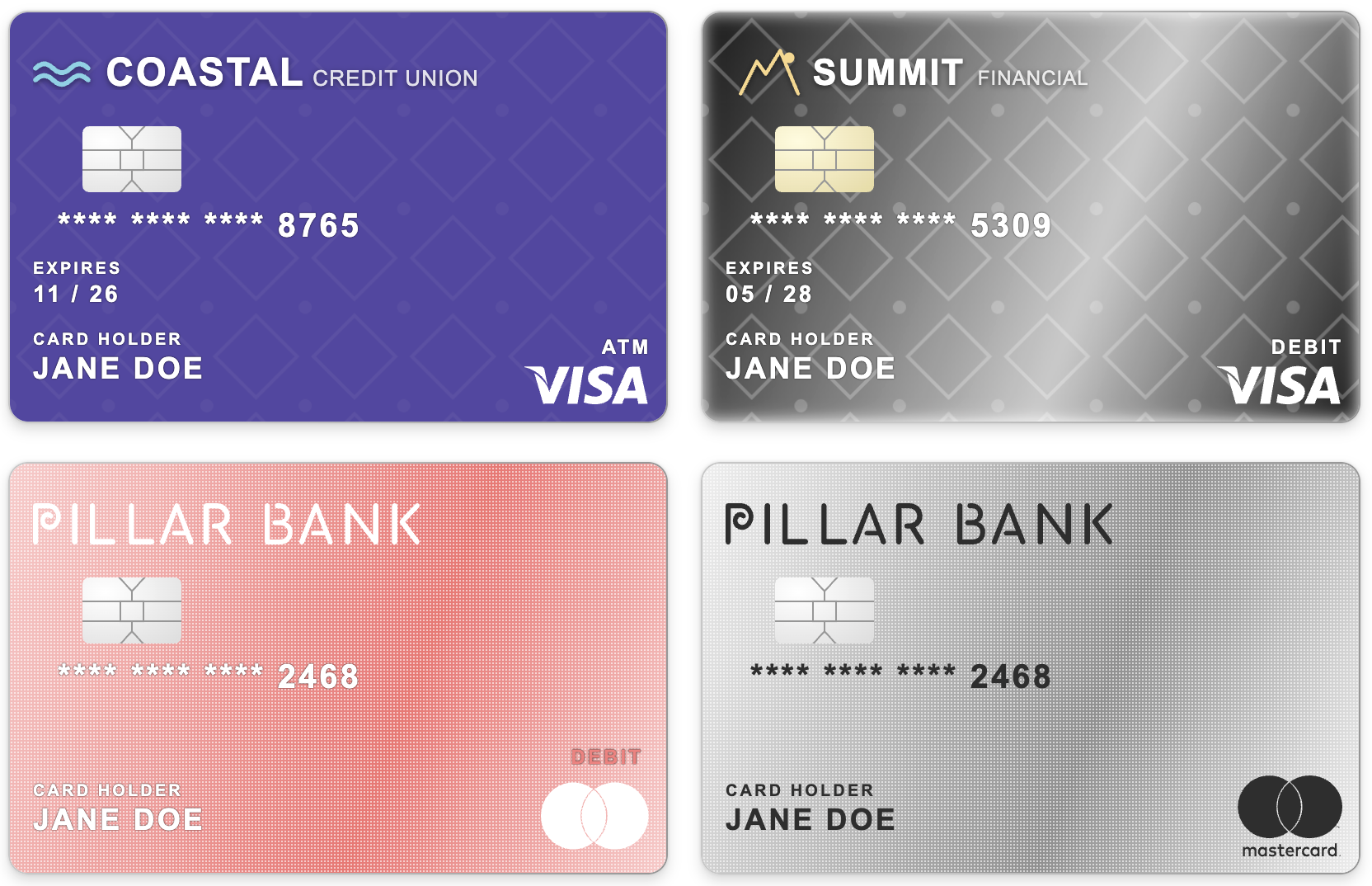 Four card image examples demonstrating CSS variable customization: a blue card with geometric pattern overlay, a gradient card with blur effect, a coral-pink gradient card with dot pattern, and a light gray gradient card with dark text and custom vendor logo.